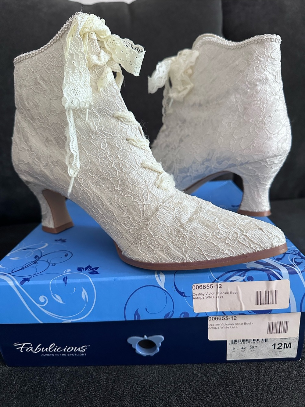 Fabulicious Ivory Lace Ankle Boots with Ribbon Tie